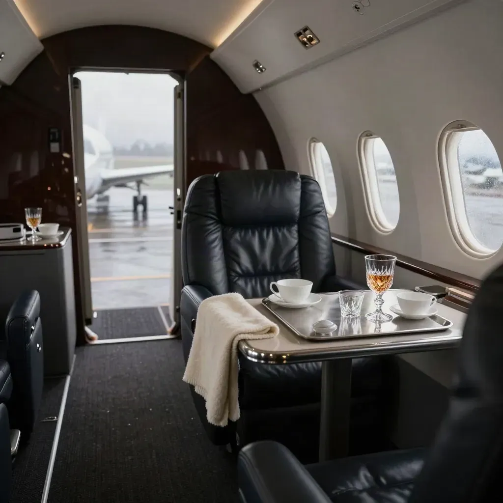 Cabina de jet ejecutivo con mesa servida al amanecer y luz dramática.