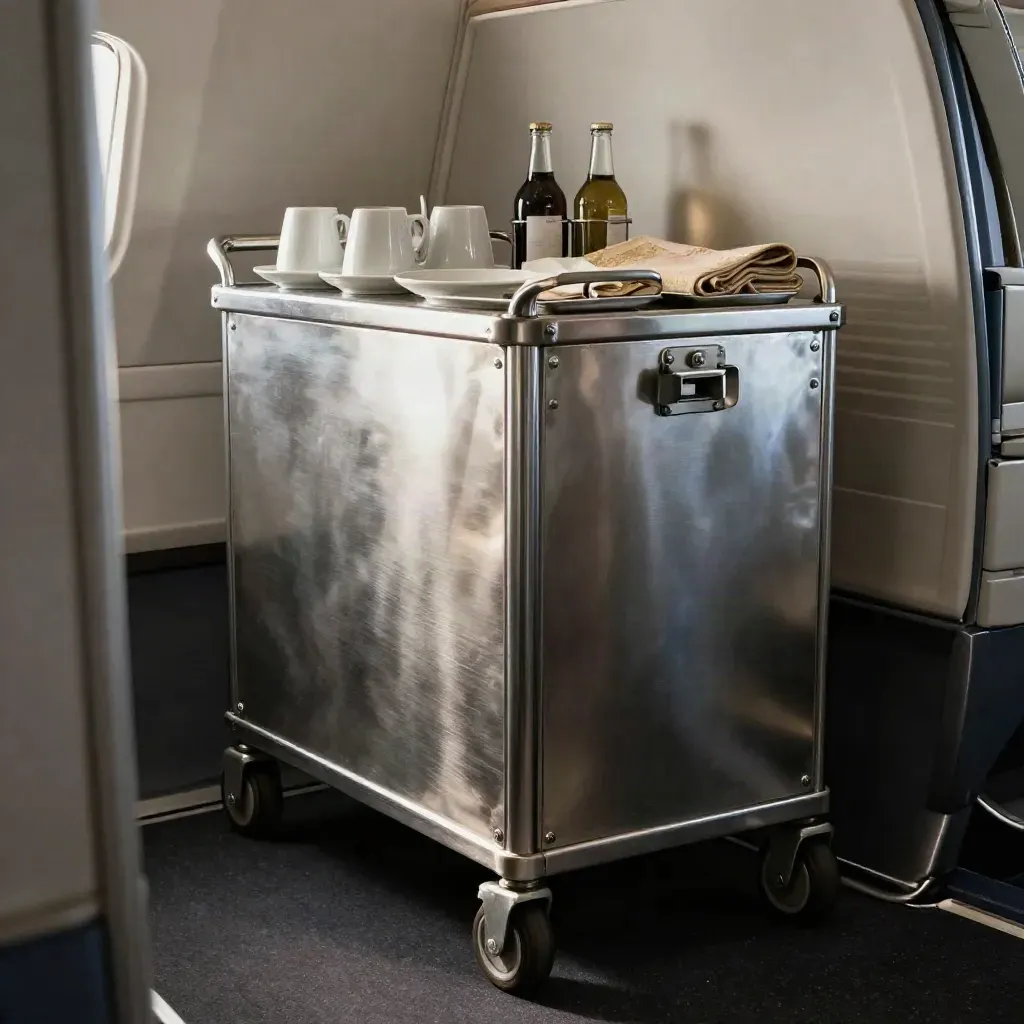 Carro de servicio cerrado en la galera de un avión, con botellas, vajilla y cierres de seguridad.