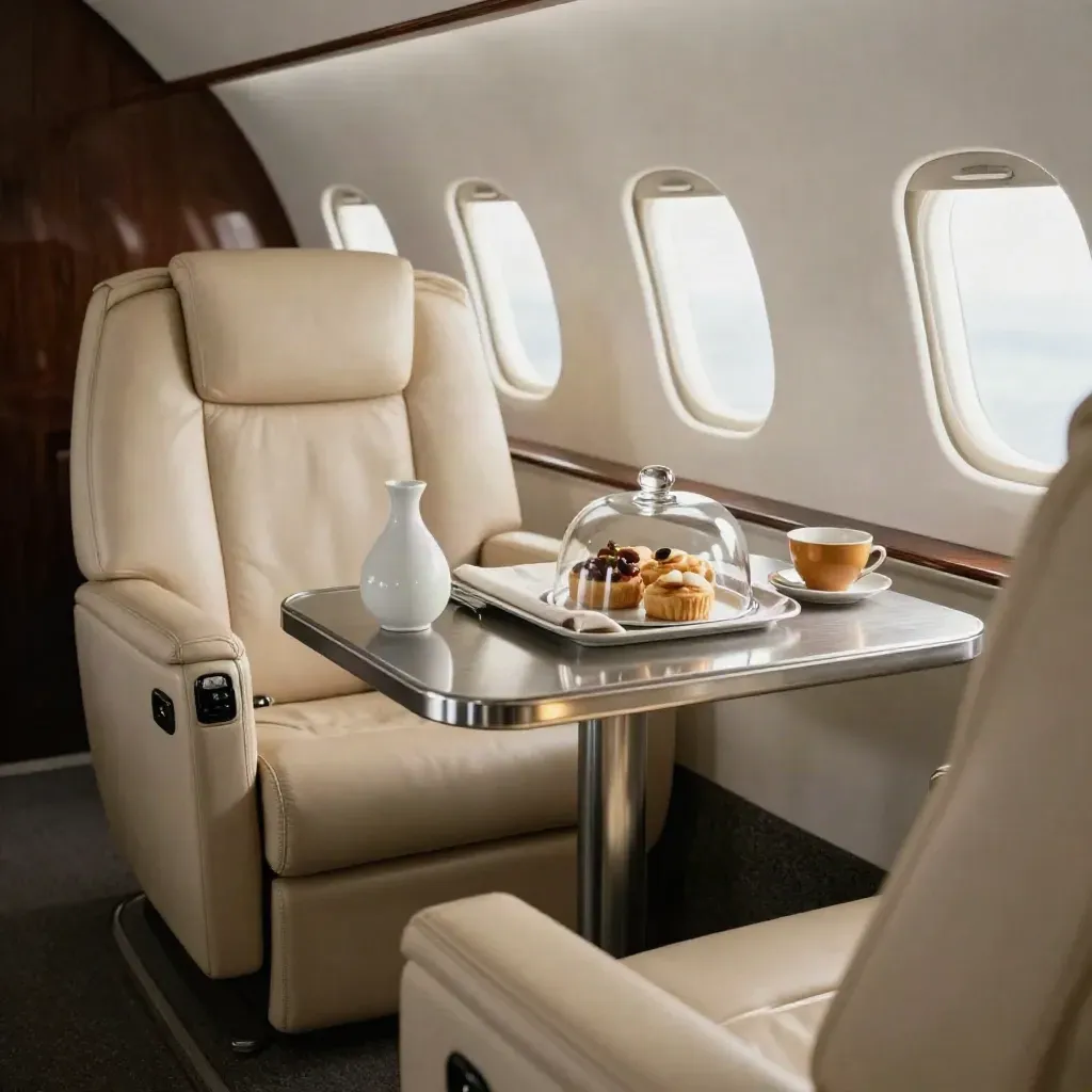 Cabina de jet privado preparada para servicio VIP con mesa, flores, cubertería y desayuno.