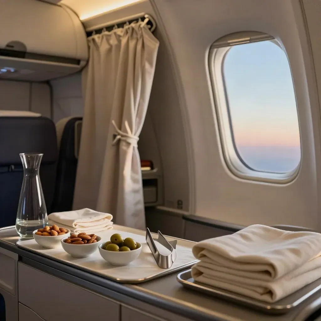 Cabina vacía lista para ruta Madrid-Ibiza con aperitivos y puerta abierta al cielo