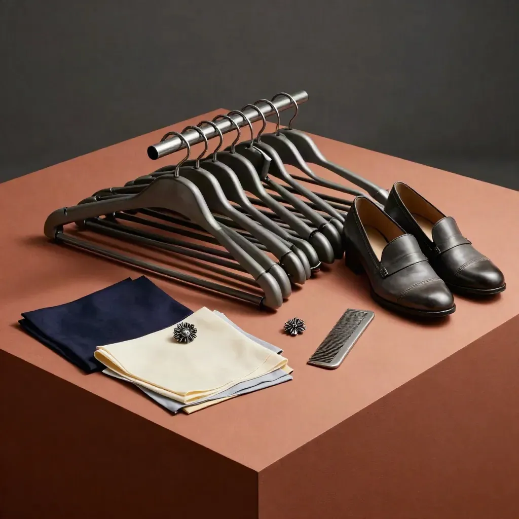 Mesa de selección con perchas, zapatos de uniforme, peine metálico y muestras de tejido en vista cenital.