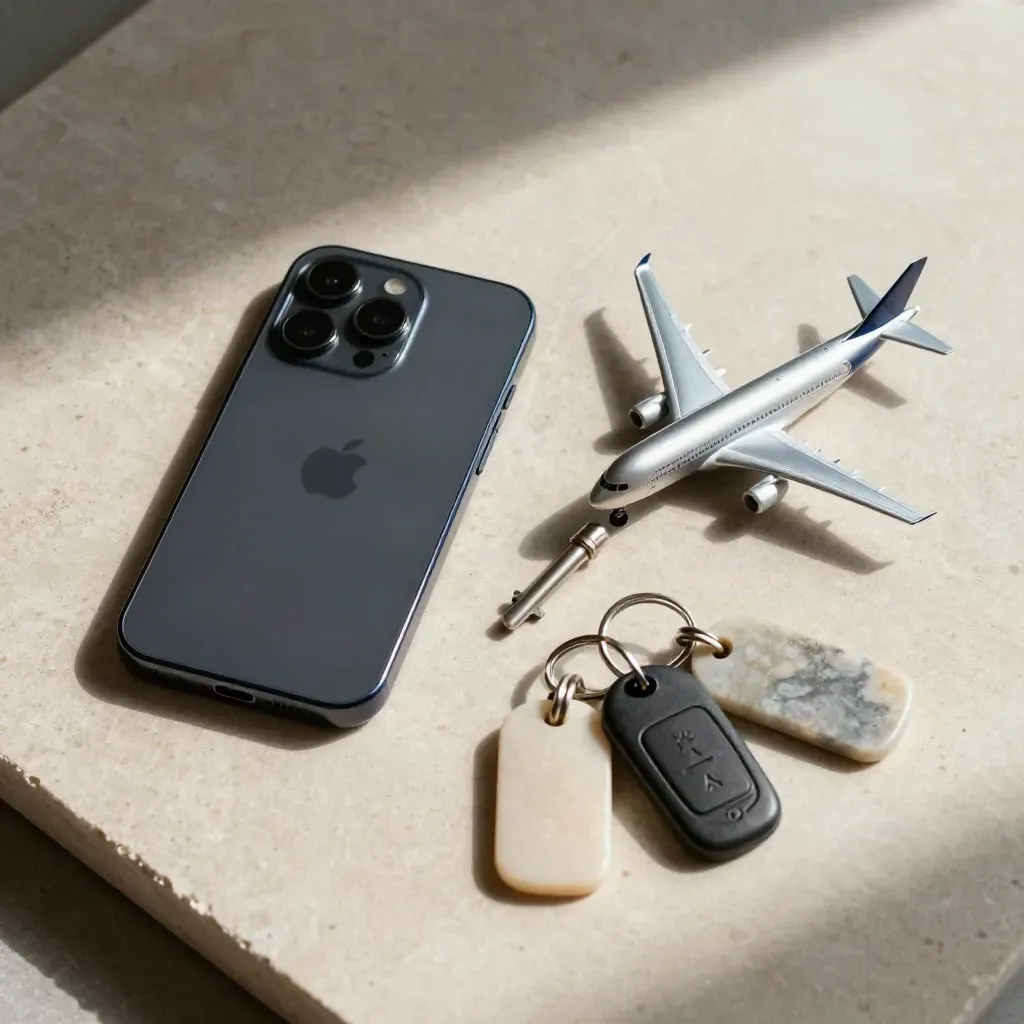 Flatlay cenital con llave de cabina, móvil oscuro, avión miniatura y fichas de equipaje sobre piedra.