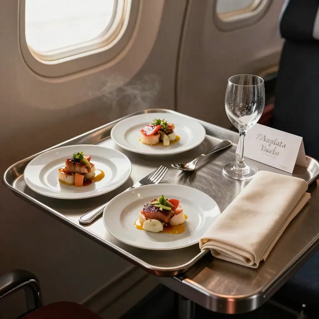 Bandeja premium de servicio en cabina con platos, cubiertos, servilleta y copa vacía.