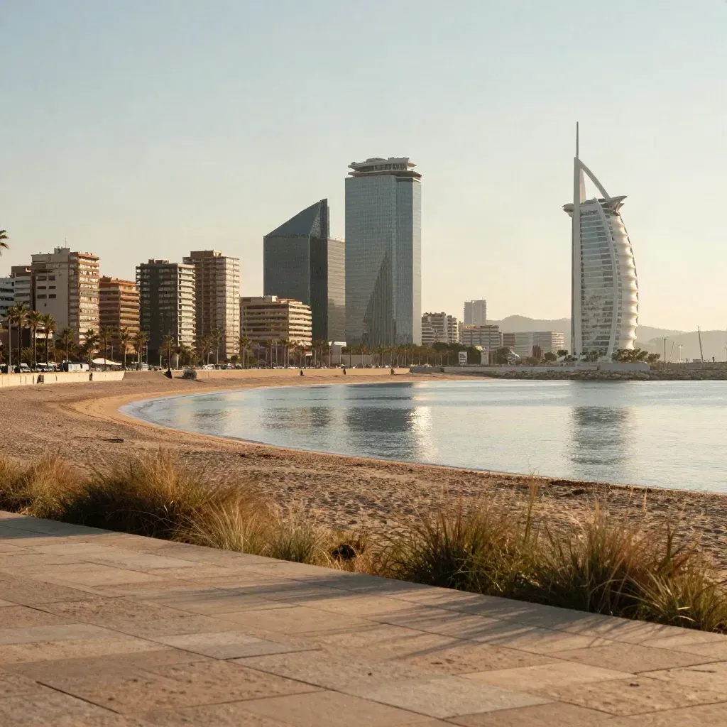 Vista de la costa de Barcelona con el Hotel W, playa tranquila y cielo brumoso.