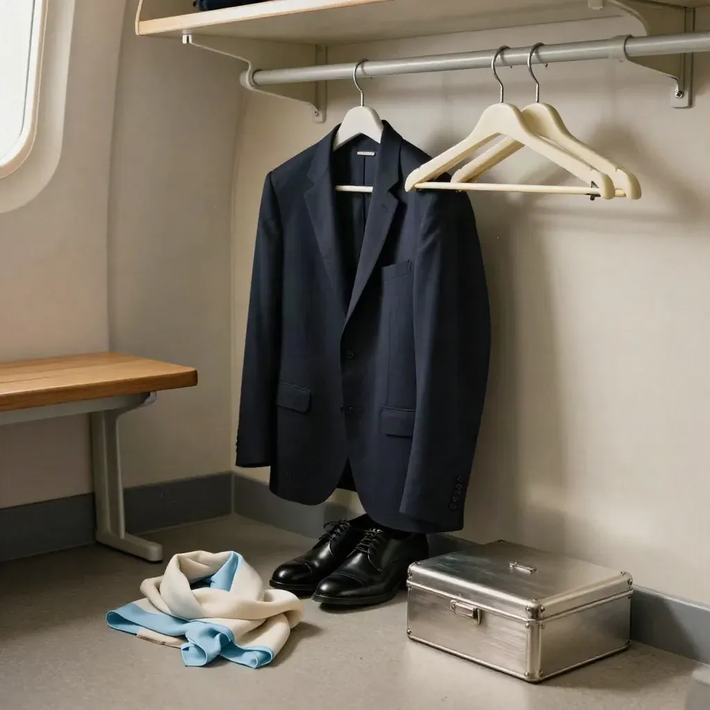 Vestidor con perchas de uniforme, zapatos negros y caja de grooming sobre yeso claro.