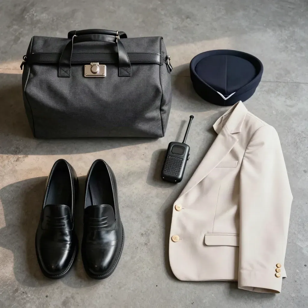 Kit de llegada de tripulación con bolsa, zapatos, radio, gorra y uniforme sobre hormigón.
