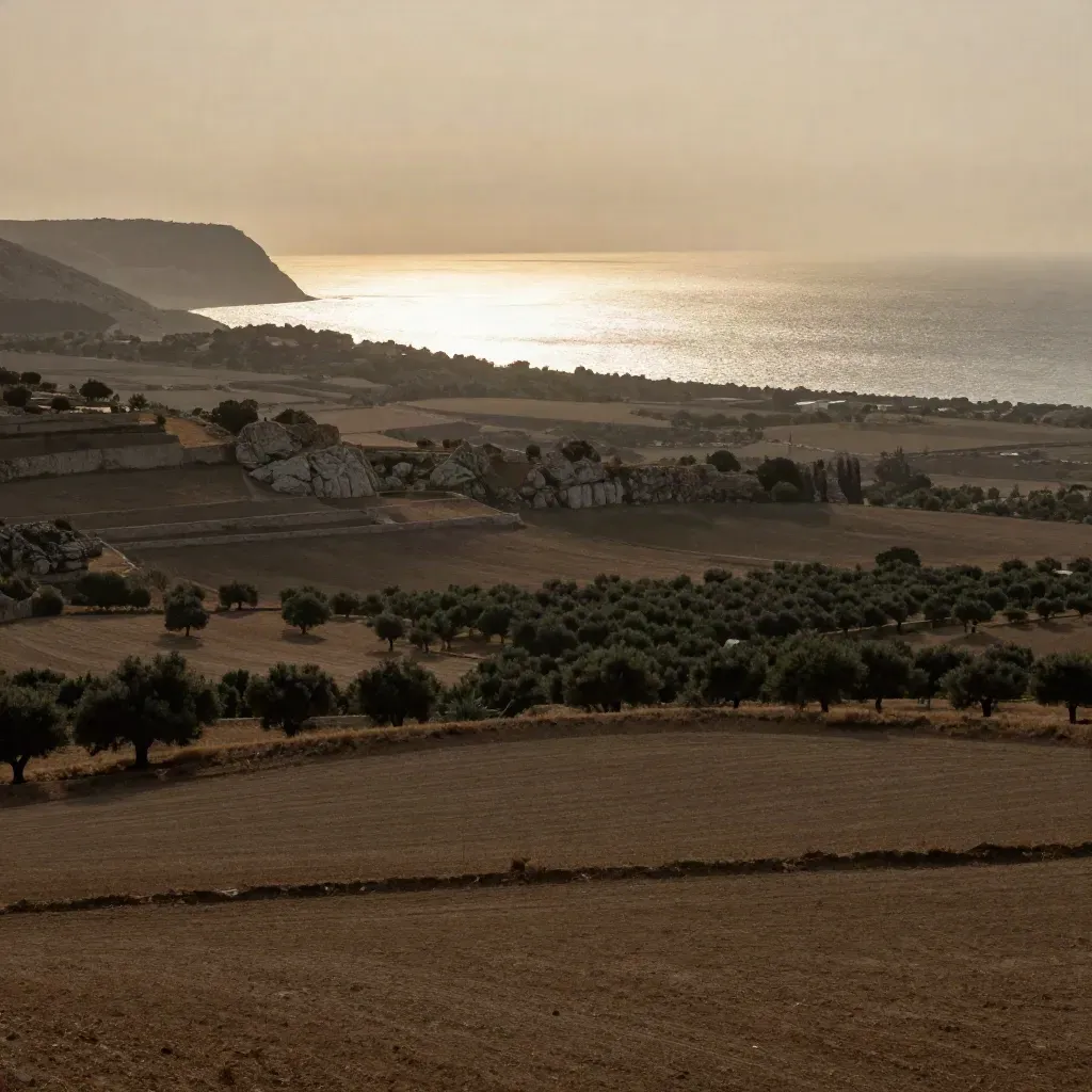Costa del Levante al atardecer, con huerta suave, bruma marina y horizonte alto.