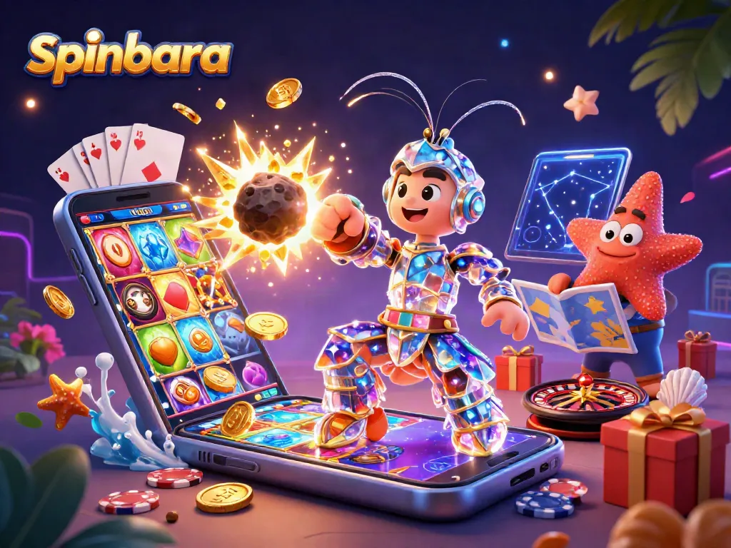 Spinbara casino dazzles with a vibrant, dynamic scene of a galactic mantis shrimp amidst gold coins and colorful games.