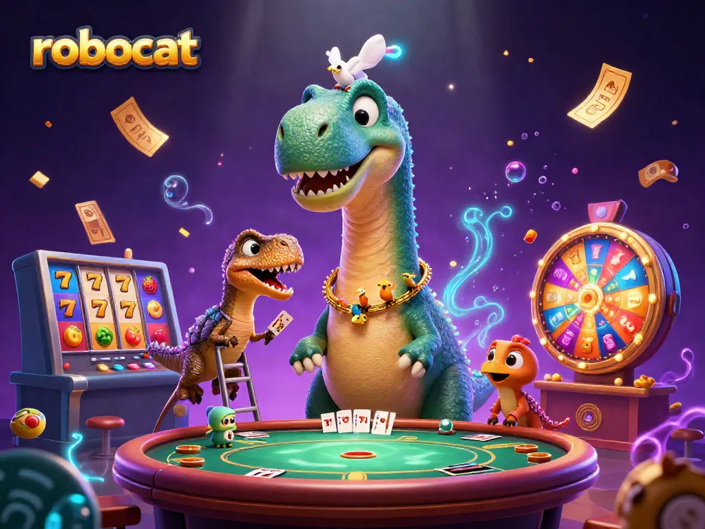 Play slots with Robocat’s giant brontosaurus mascot at this lively casino scene.