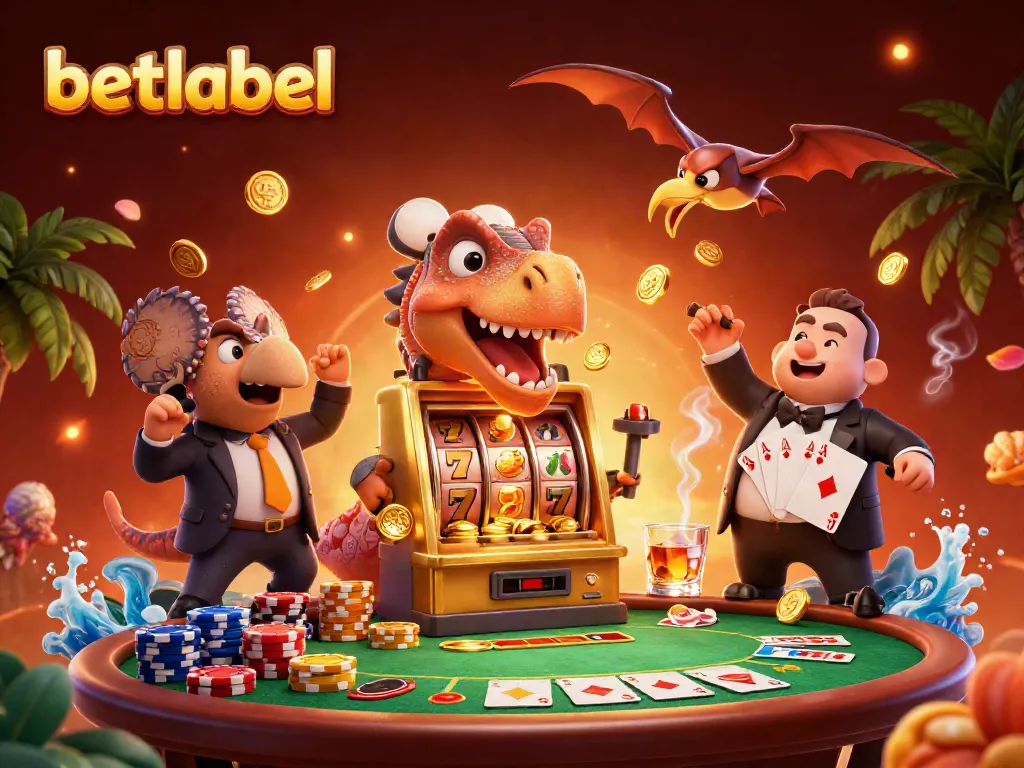 Betlabel casino scene with a dinosaur celebrating a jackpot while coins fly around